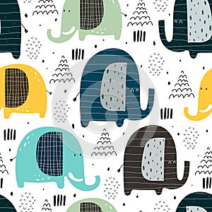 Seamless pattern with cartoon elephants, decor elements. Colorful vector flat style for kids. animal theme. hand drawing.